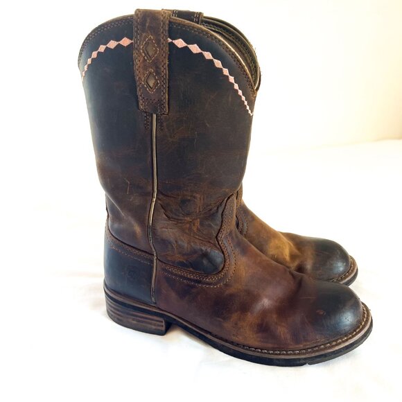 ARIAT Unbridled Roper Western Boot Distressed Brown Leather Pink Accents 8M - Picture 3 of 9